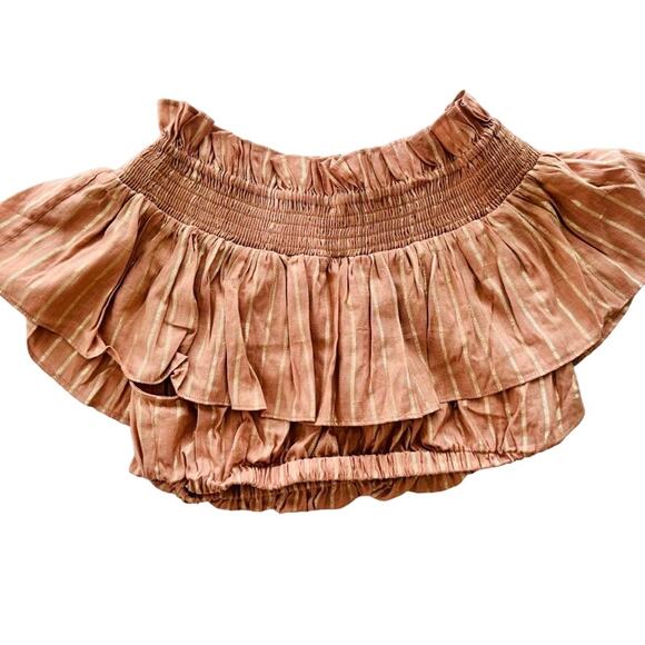 Shona Joy Crop Top Off Shoulder Size 8 Ruffle Smocked Tan Gold Stripe - Picture 5 of 5